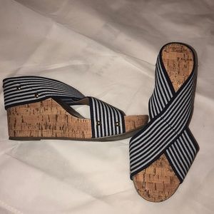 Navy and White Strapped Wedges